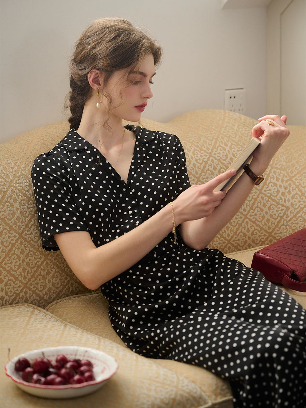 Baylee French Polka Dot V Neck Dress