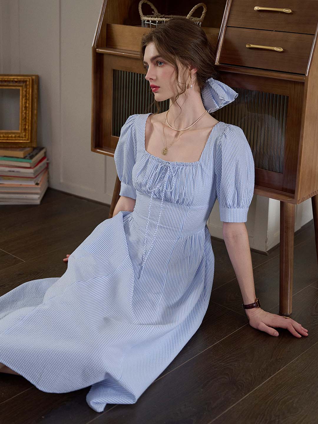 striped cotton dress Coastal Maxi Blue/White / S Where coastal charm meets evening elegance The Blue Blue Striped Button Mini Dress