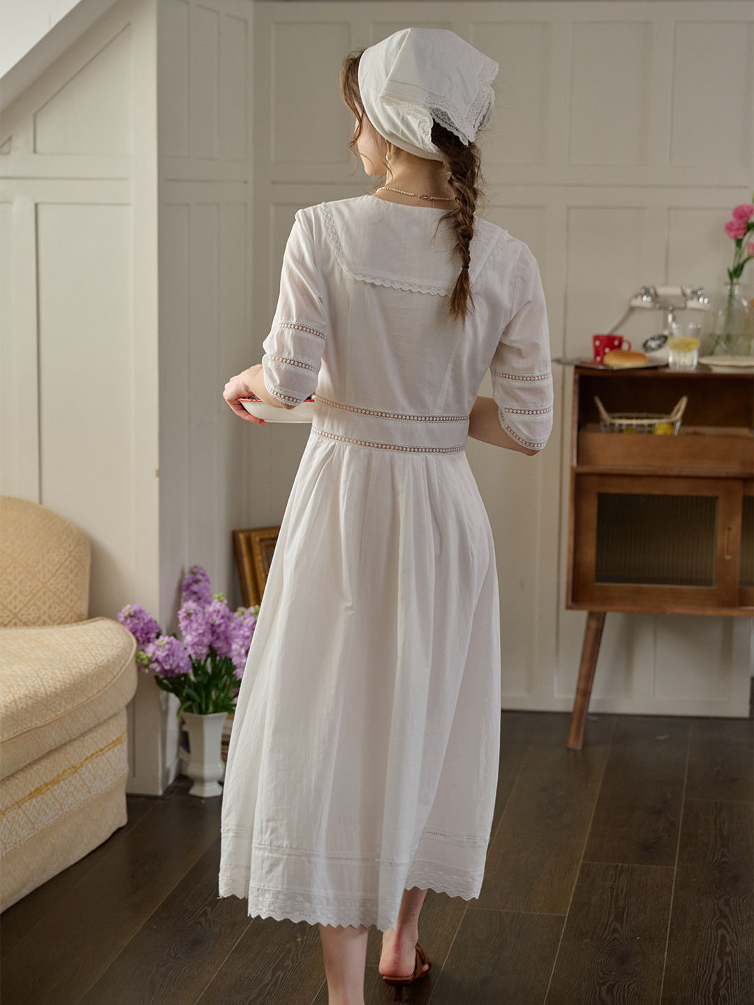 Fiona 100% Cotton White Midi Dress