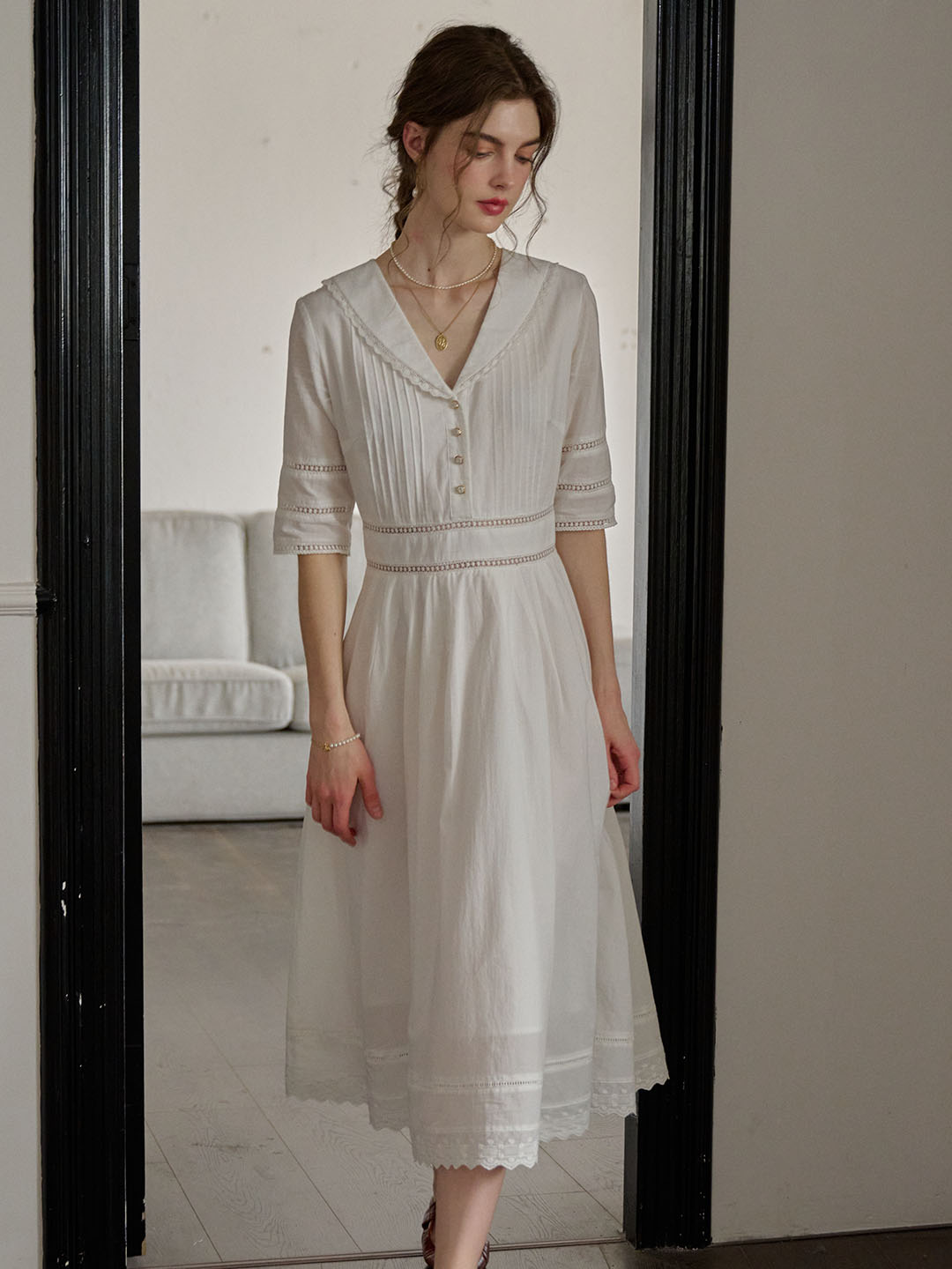 Fiona 100% Cotton White Midi Dress