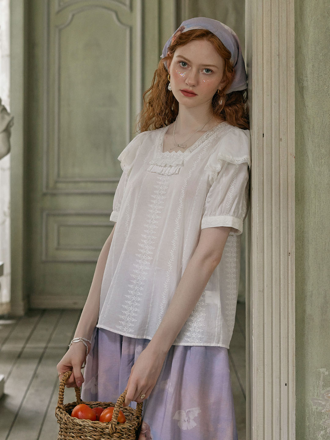 Reign Small Square Collar Lace Embroidered Puff Sleeve Cotton Blouse