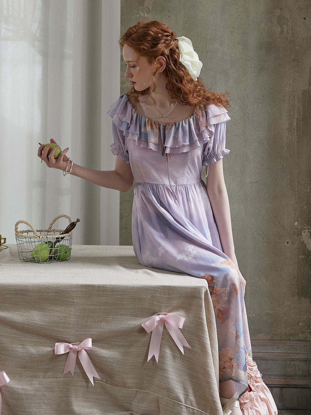 Alicia Exclusive Custom Angel Print Ruffle Collar Bow Puff Sleeve Dress