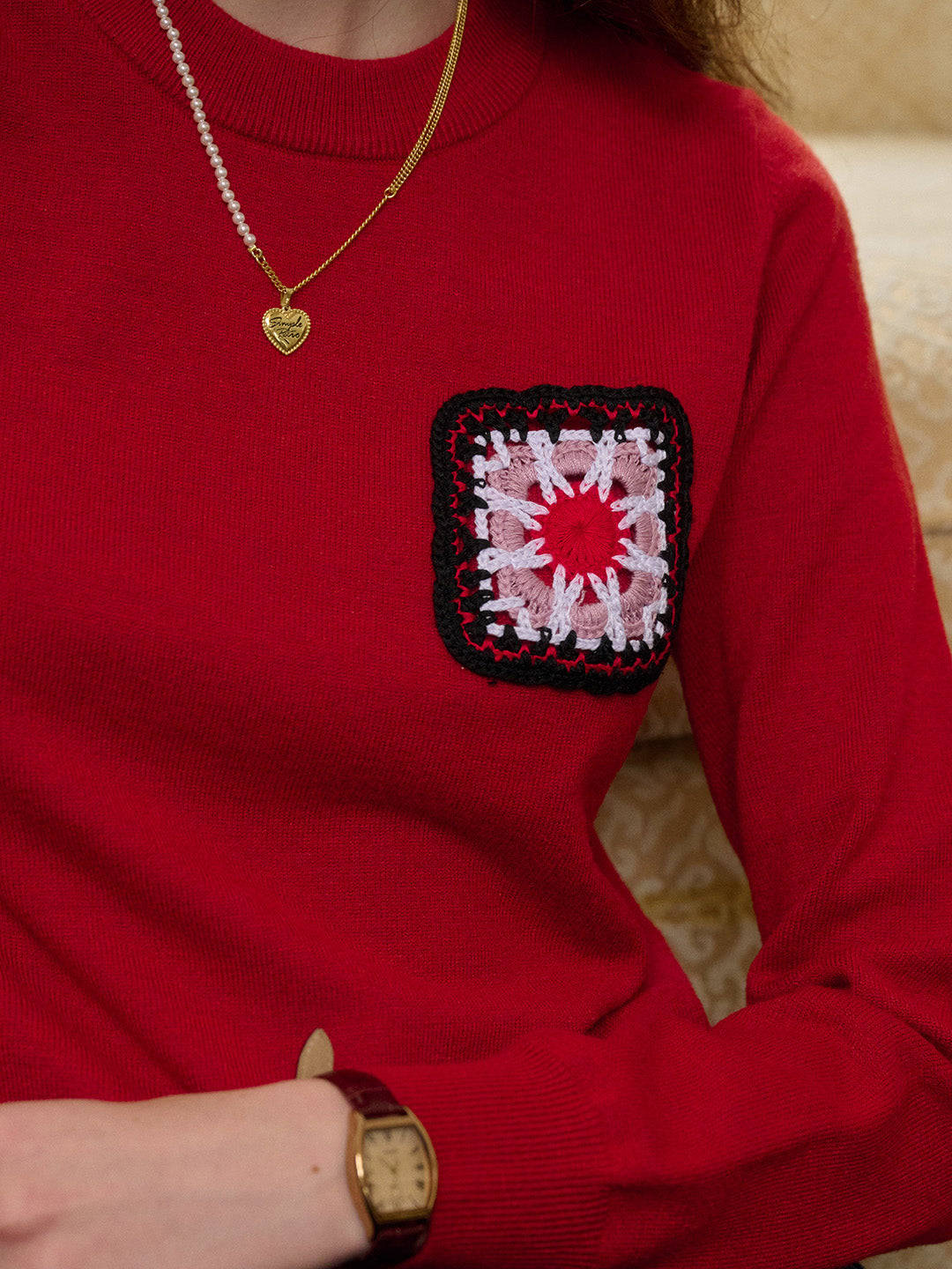 【Final Sale】Cadence Ribbed Round Neck Contrasting Embroidery Sweater