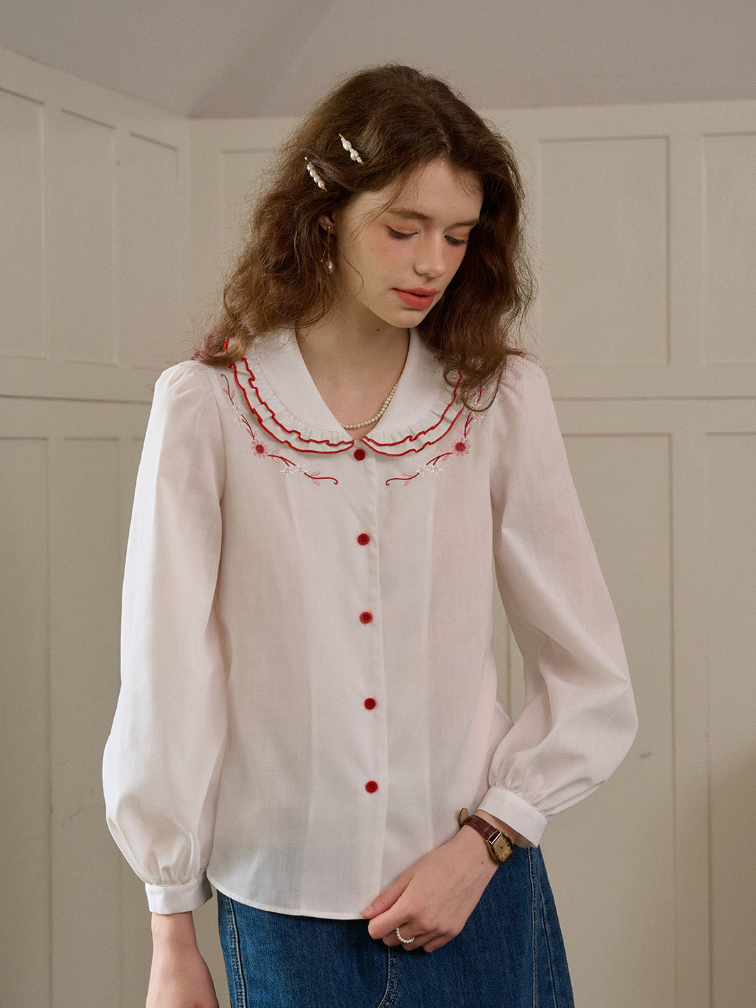 【Final Sale】Maren Peter Pan Collar Floral Embroidery Blouse - Apricot