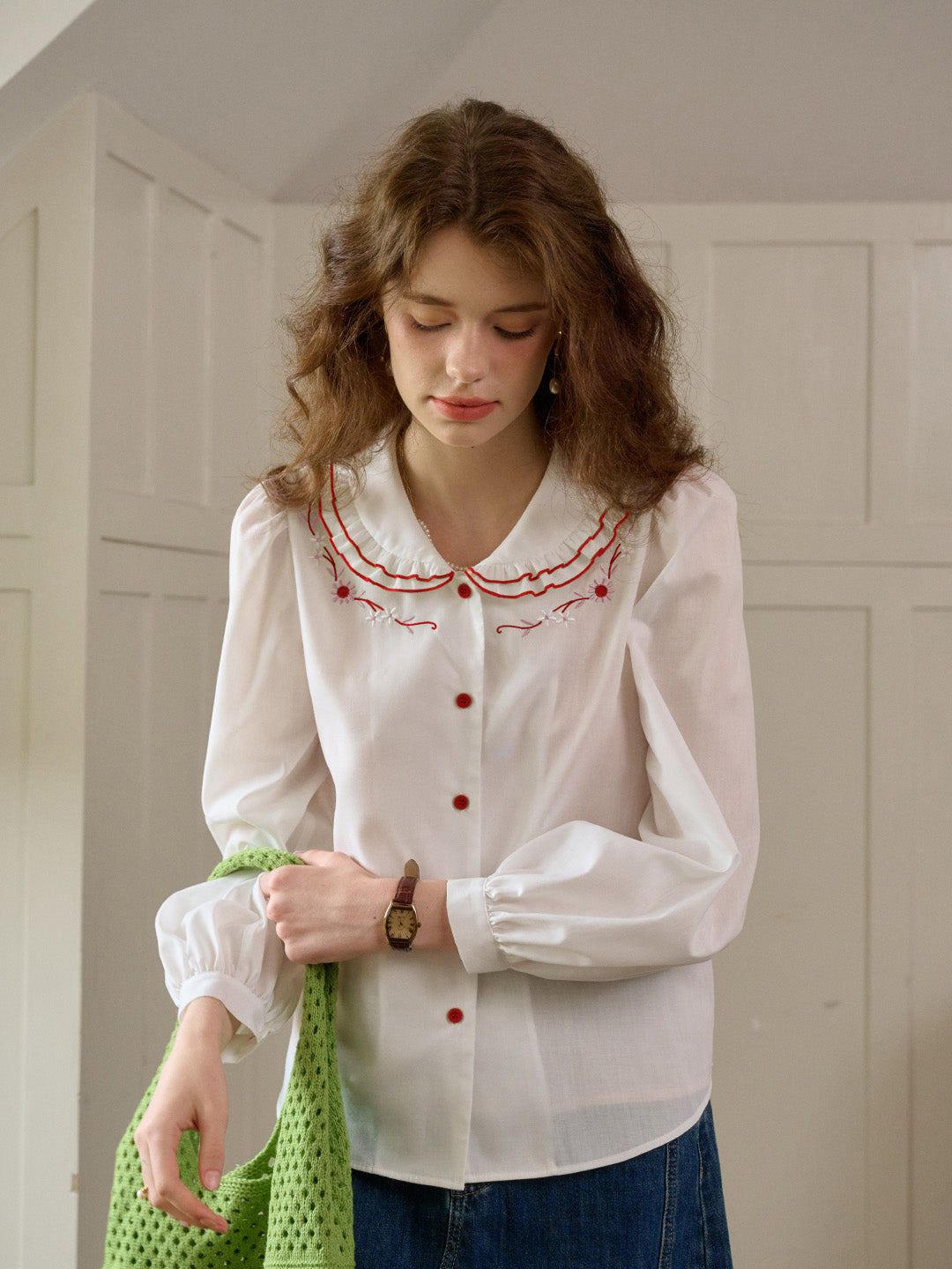 【Final Sale】Maren Peter Pan Collar Floral Embroidery Blouse - Apricot