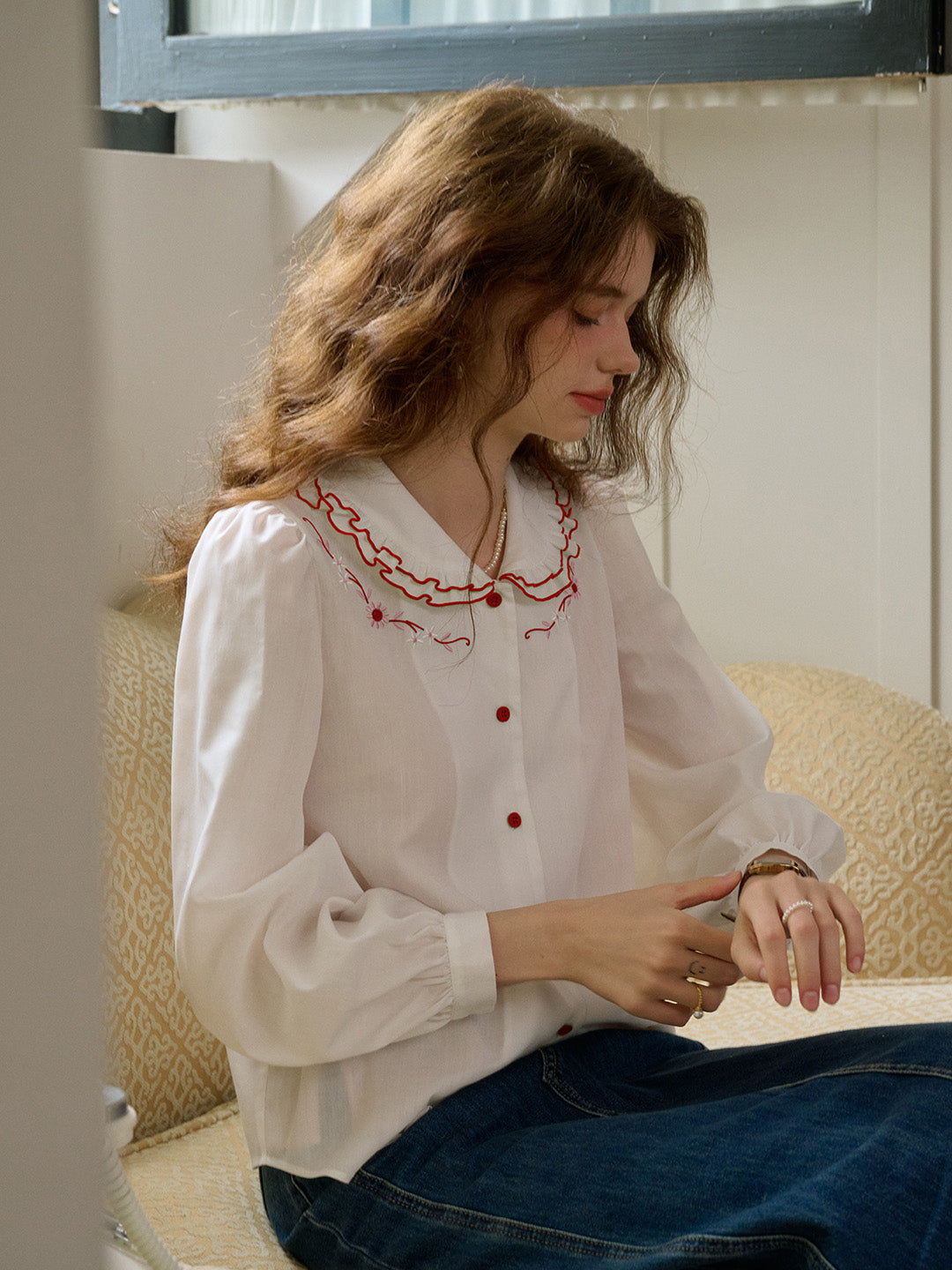【Final Sale】Maren Peter Pan Collar Floral Embroidery Blouse - Apricot