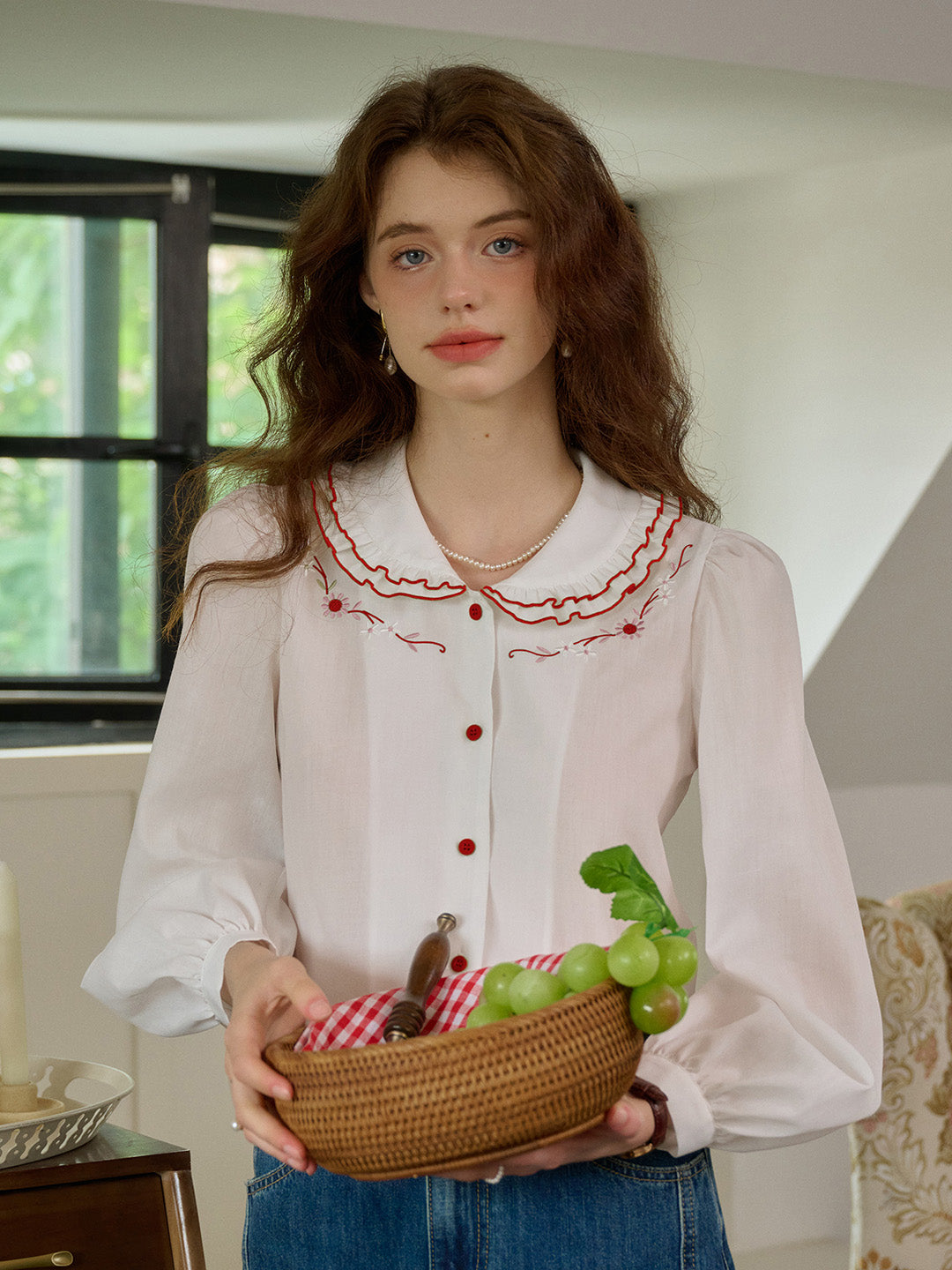 【Final Sale】Maren Peter Pan Collar Floral Embroidery Blouse - Apricot