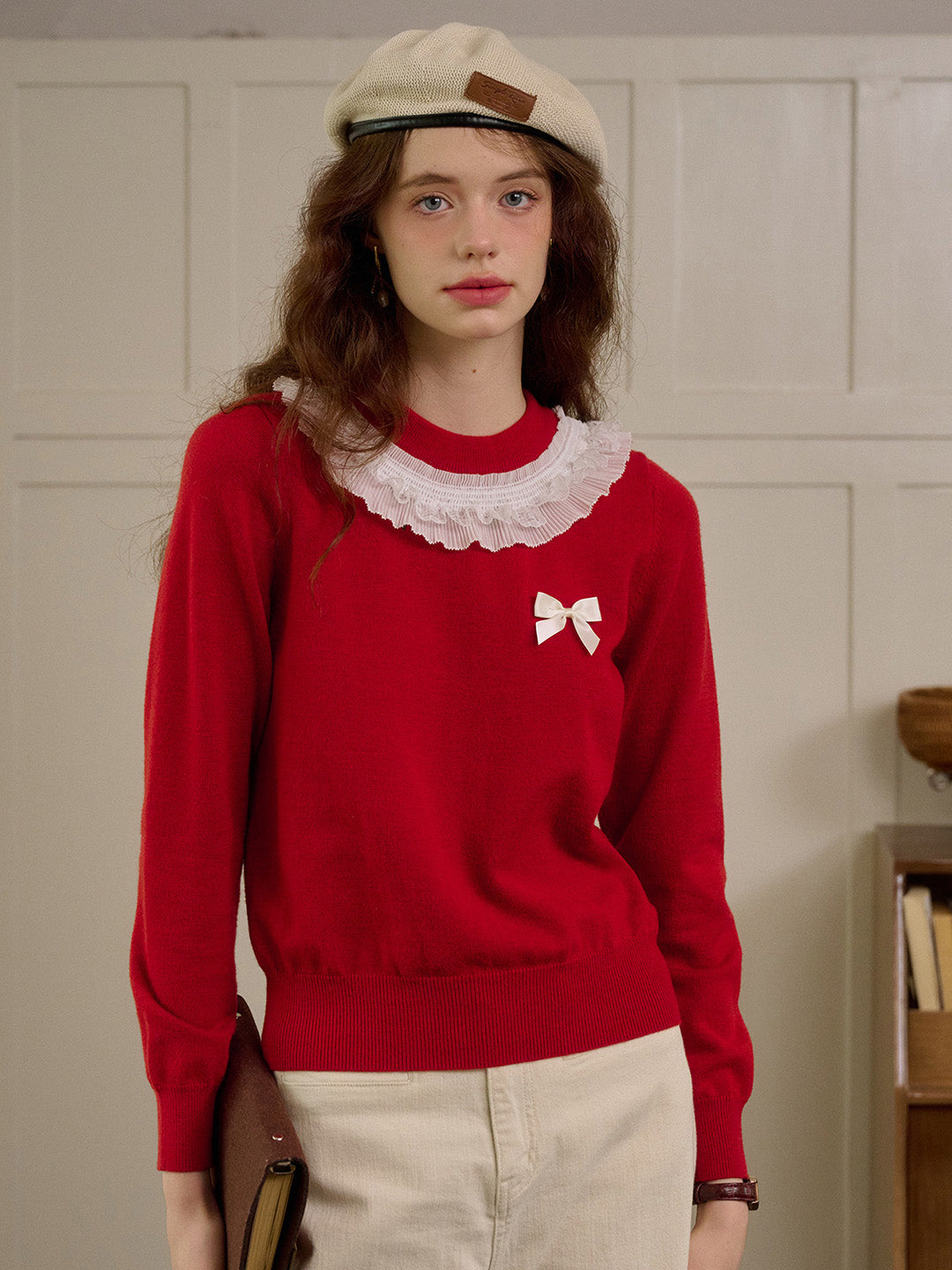【Final Sale】Veronica Round Neck Contrasting Bow Sweater