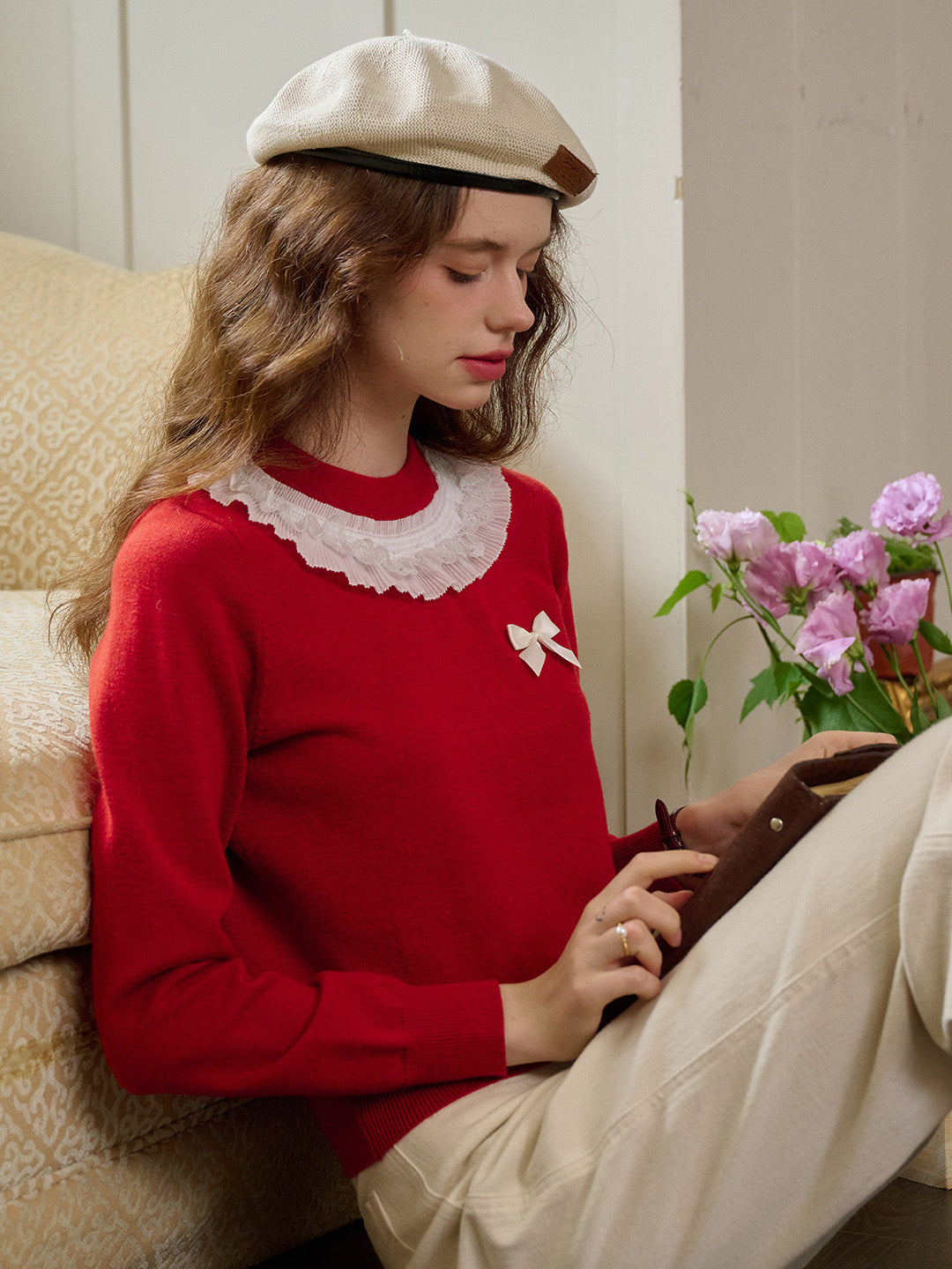 【Final Sale】Veronica Round Neck Contrasting Bow Sweater