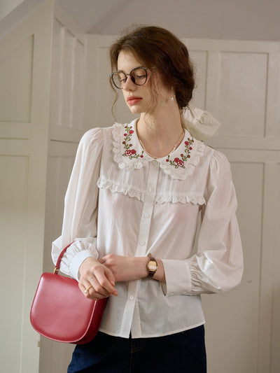 Creamy Cute Doll Collar Lace Cream Blouse Shirt Black Mini Skirt Two Piece Set