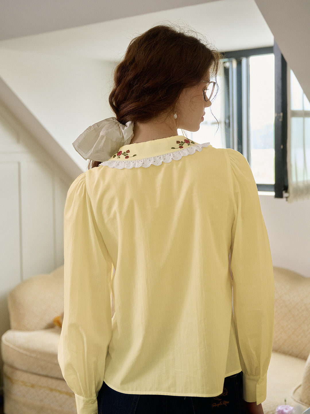 【Final Sale】Priyanka Lace Collar Floral  Long sleeve Cotton Bouse