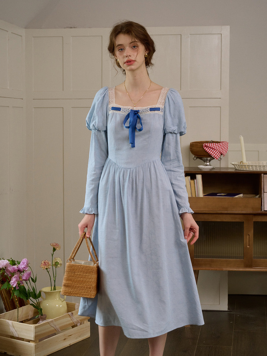 【Final Sale】Genesis Square Collar Bow Light Blue Dress