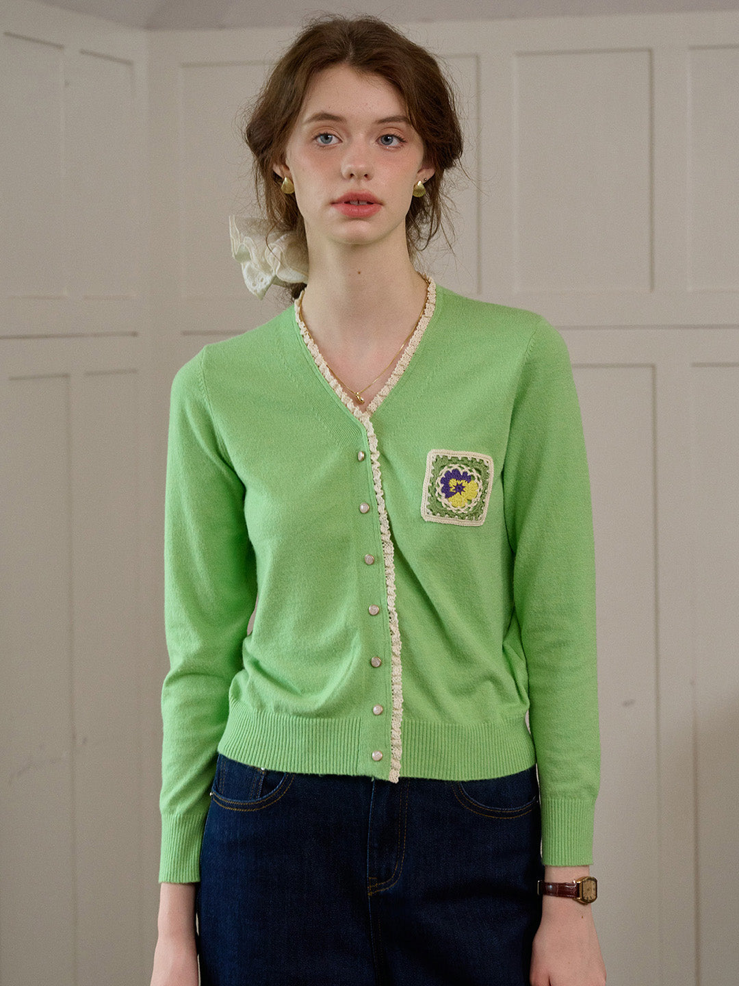 【Final Sale】Adalynn  V-Neck Lace Patchwork Lapel Brooch Decoration Blazers With Front Patch