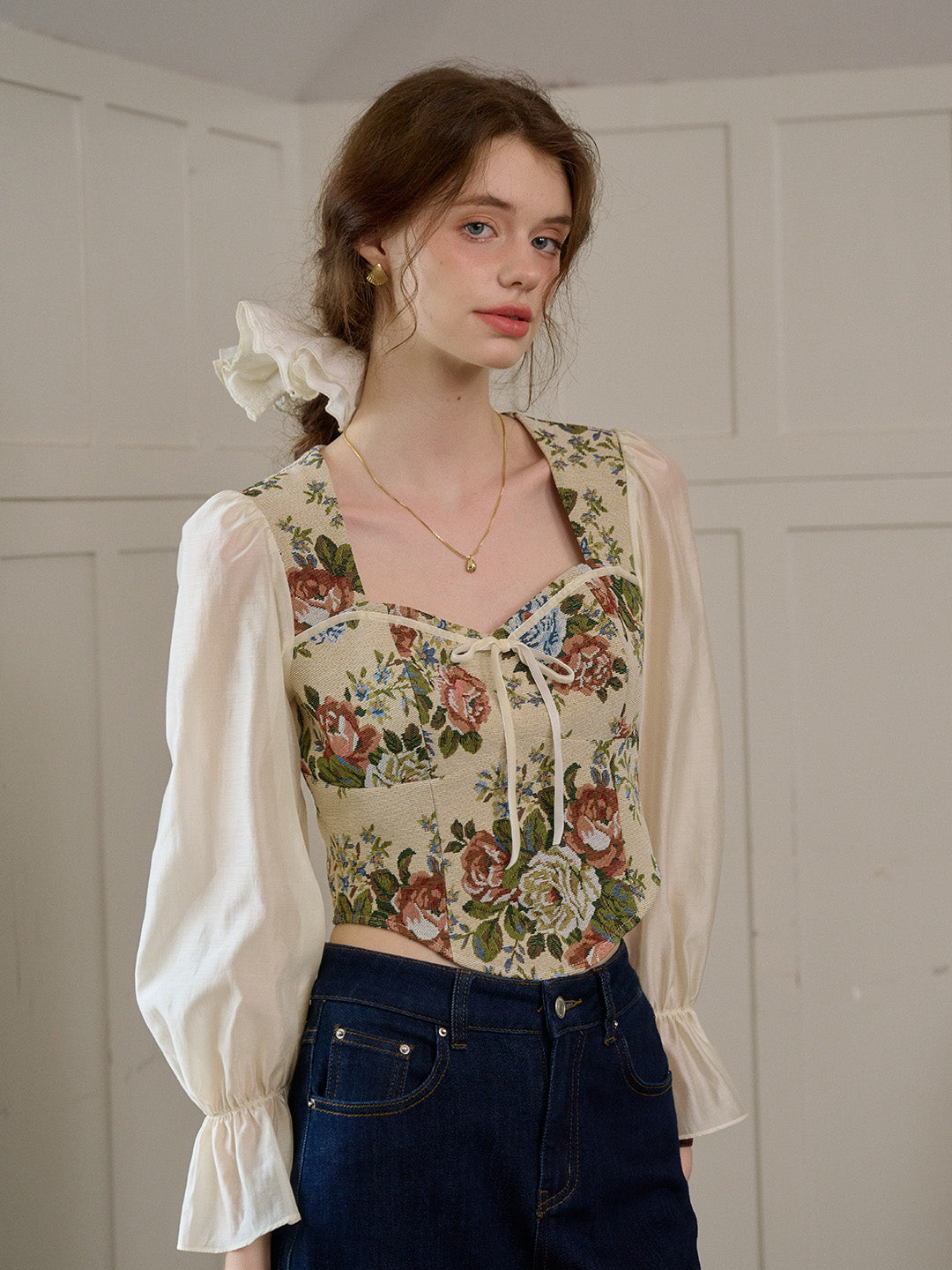 【Final Sale】Hana French Square Neck Bow Bell Sleeve Floral Patchwork Eedwardian Style Top