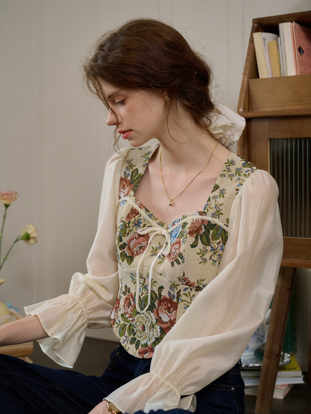 【Final Sale】Hana French Square Neck Bow Bell Sleeve Floral Patchwork Eedwardian Style Top