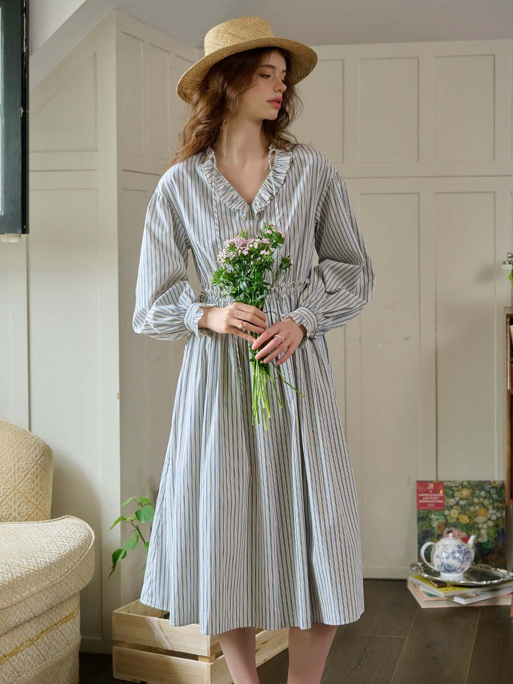 Crew Neck RicRac Sleeve Striped Dress