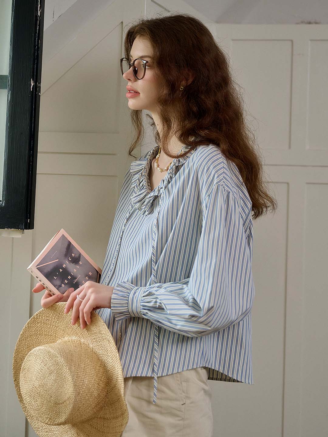 Amalia Trimmed Lace-up V-neck Striped Trimmed Sleeves Blouse
