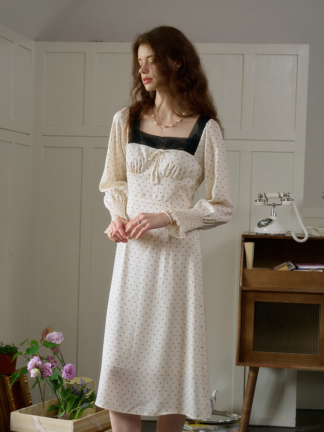 【Final Sale】Mazie Square Collar Polka Dots Contrasting Lace-up Dress