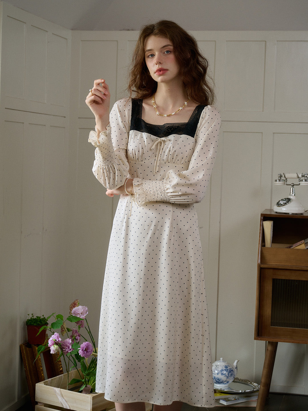 【Final Sale】Mazie Square Collar Polka Dots Contrasting Lace-up Dress