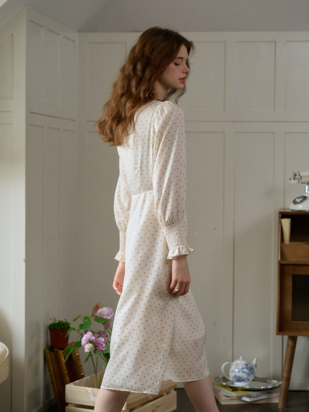 【Final Sale】Mazie Square Collar Polka Dots Contrasting Lace-up Dress
