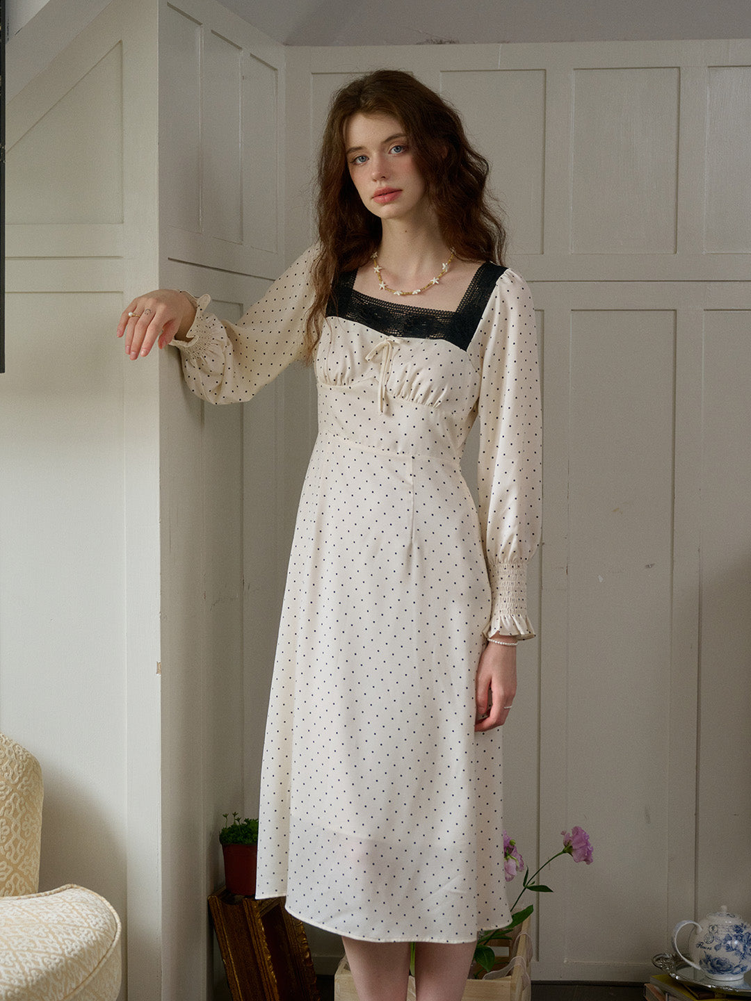 【Final Sale】Mazie Square Collar Polka Dots Contrasting Lace-up Dress