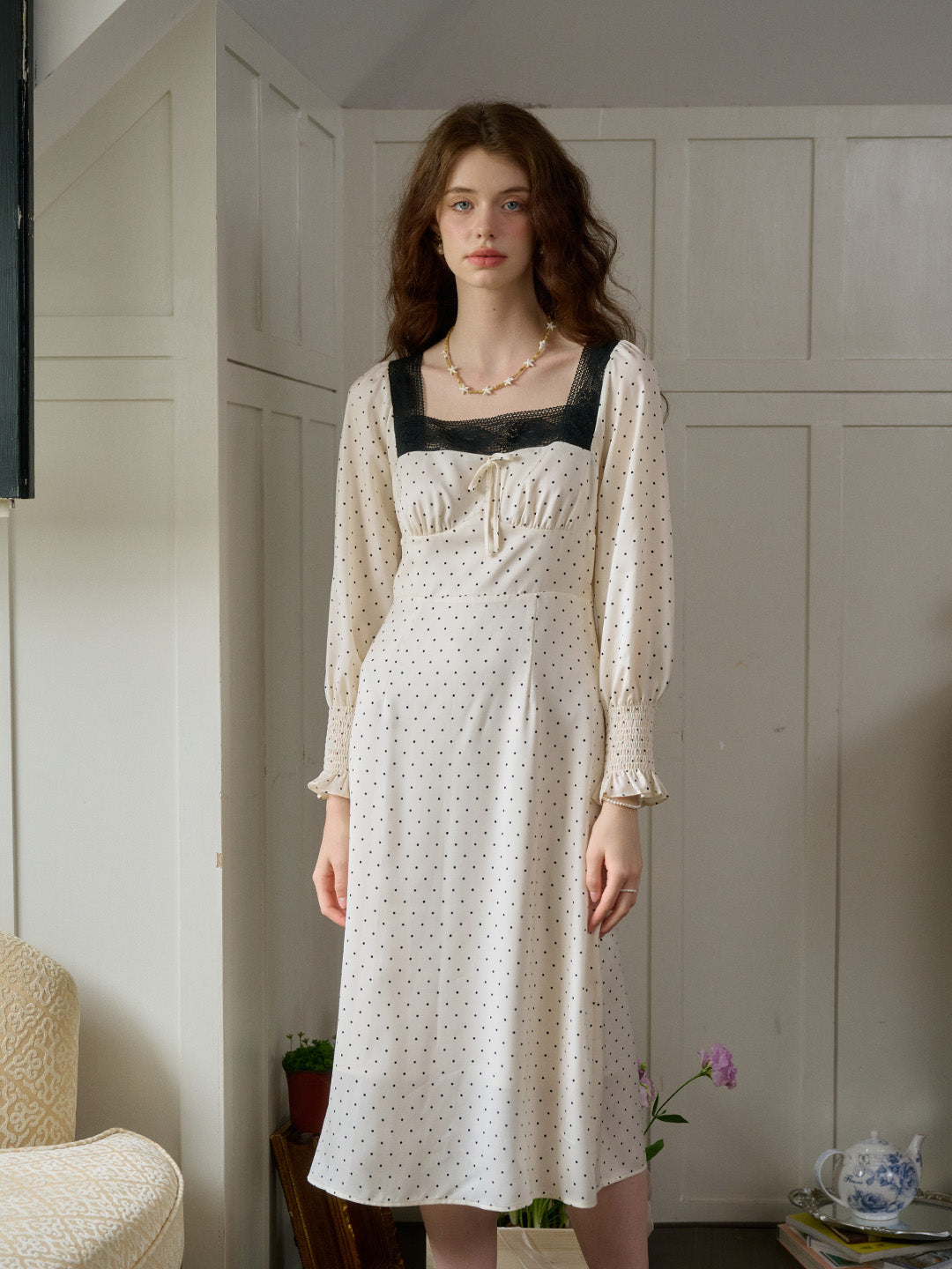 【Final Sale】Mazie Square Collar Polka Dots Contrasting Lace-up Dress