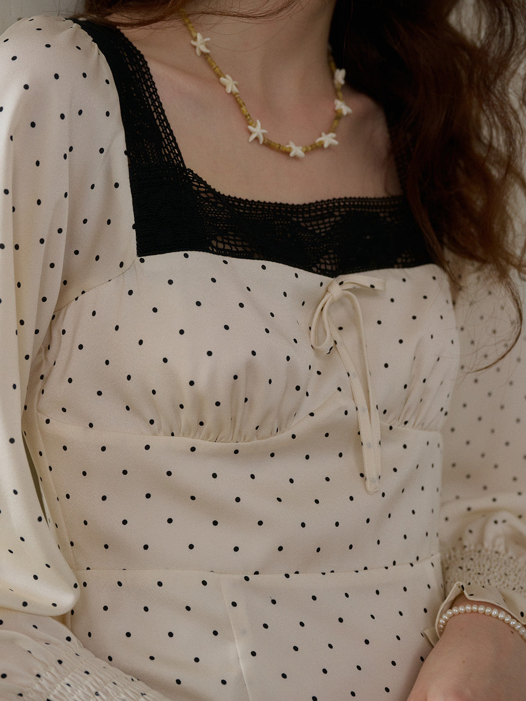 【Final Sale】Mazie Square Collar Polka Dots Contrasting Lace-up Dress