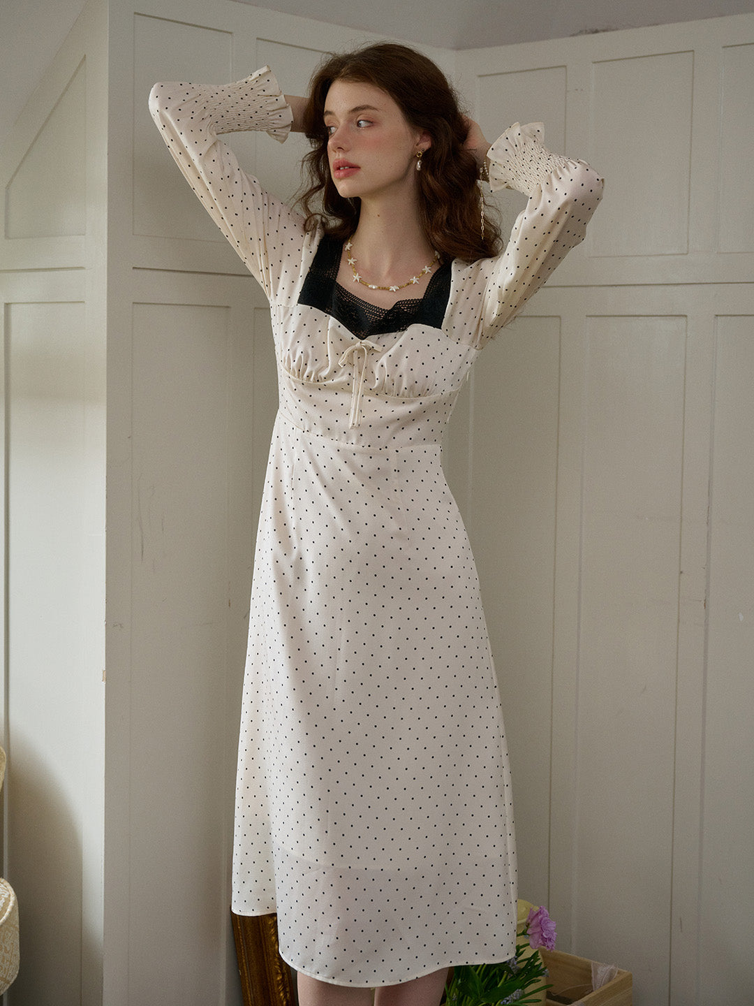 【Final Sale】Mazie Square Collar Polka Dots Contrasting Lace-up Dress