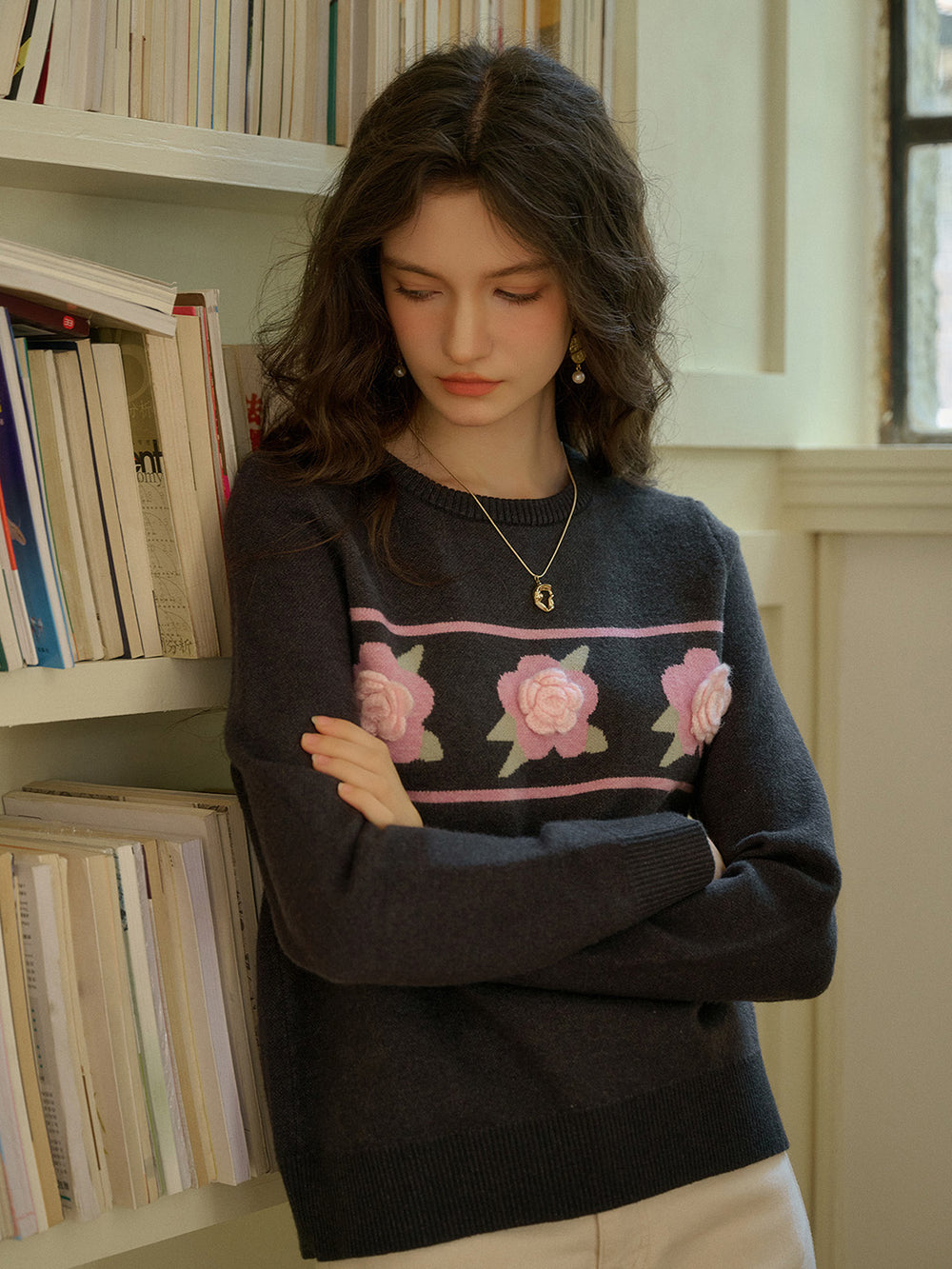 Women's Solid Color 3D Floral Embroidered Sweater