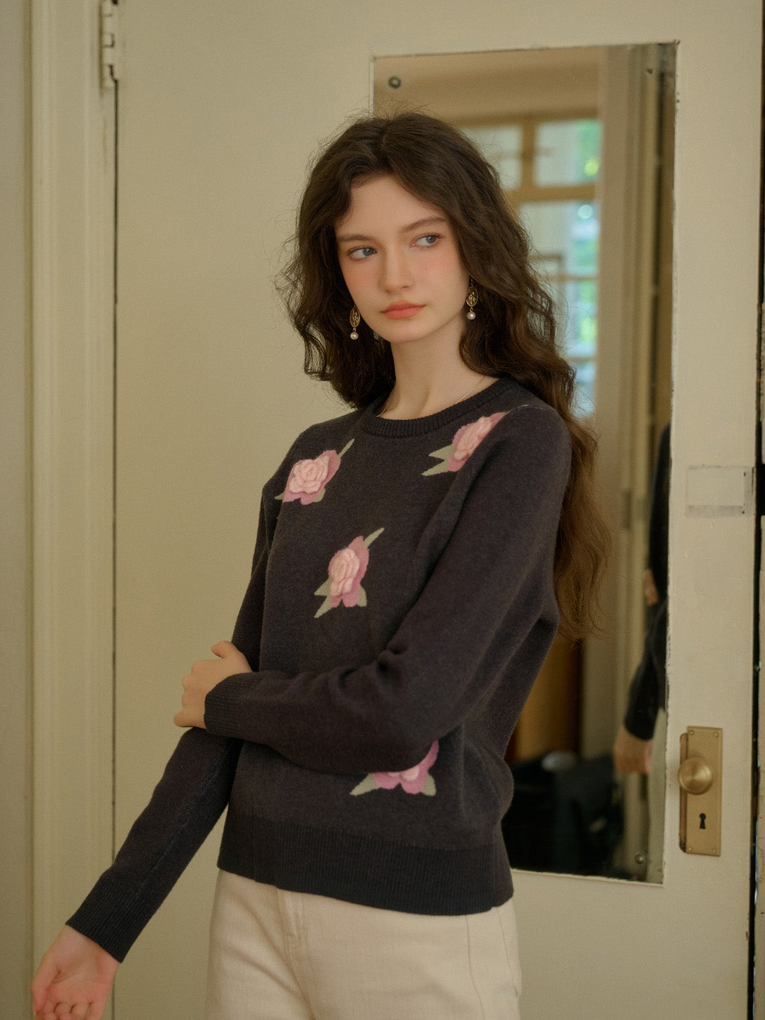 【Final Sale】Sarahi Embroidery Round Neck Hollow 3D Flower Knitted Wool Sweater