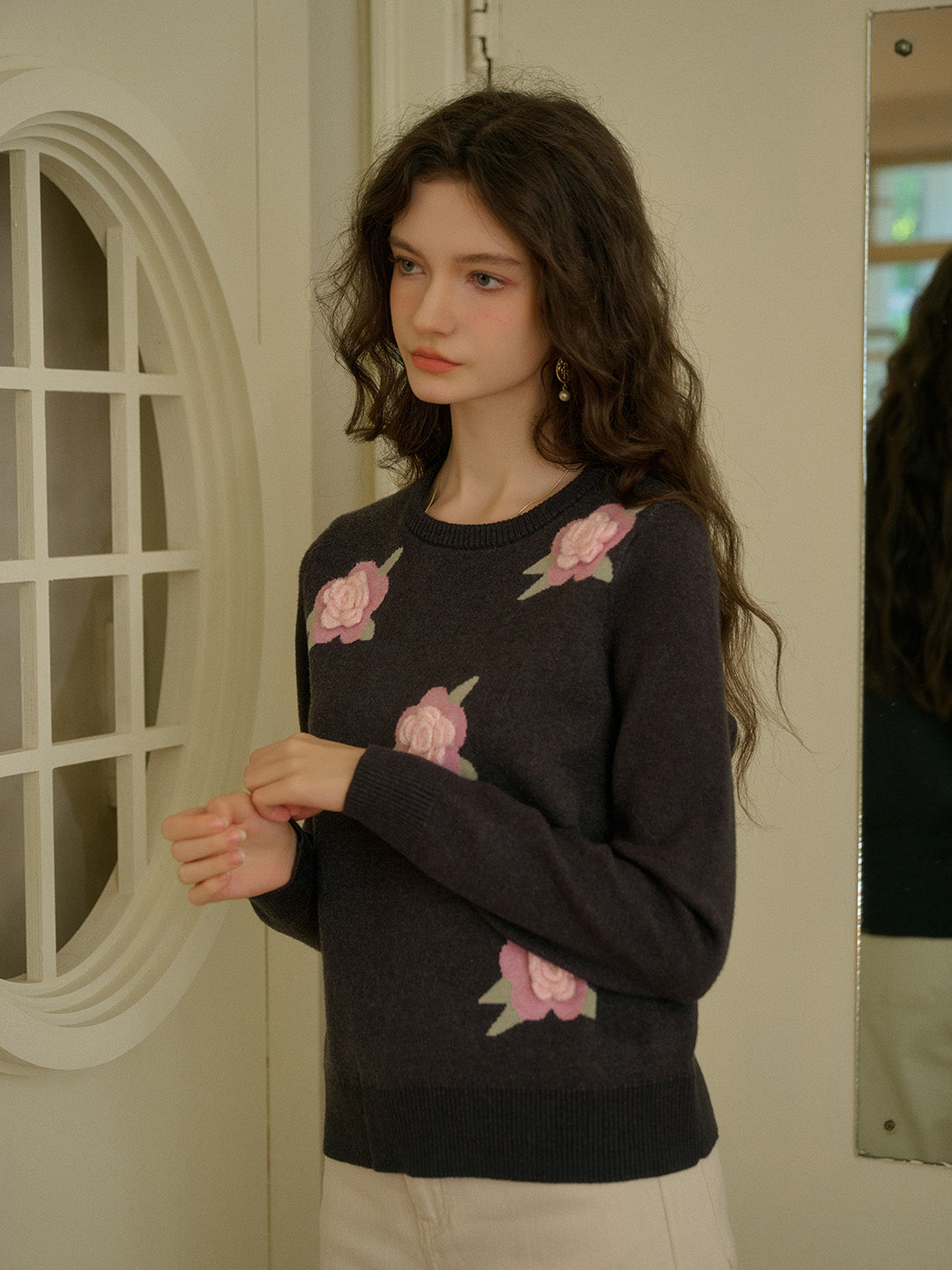【Final Sale】Sarahi Embroidery Round Neck Hollow 3D Flower Knitted Wool Sweater
