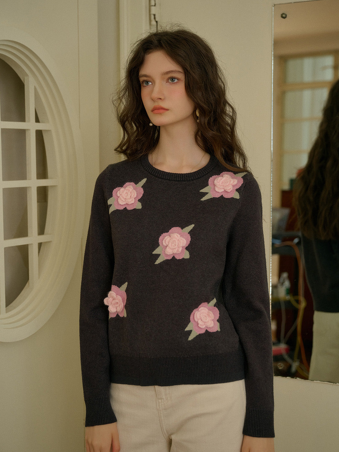 【Final Sale】Sarahi Embroidery Round Neck Hollow 3D Flower Knitted Wool Sweater