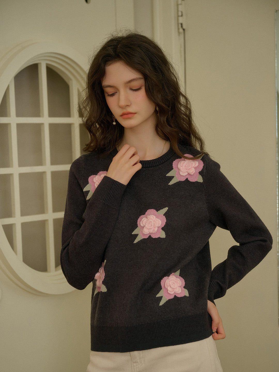 【Final Sale】Sarahi Embroidery Round Neck Hollow 3D Flower Knitted Wool Sweater