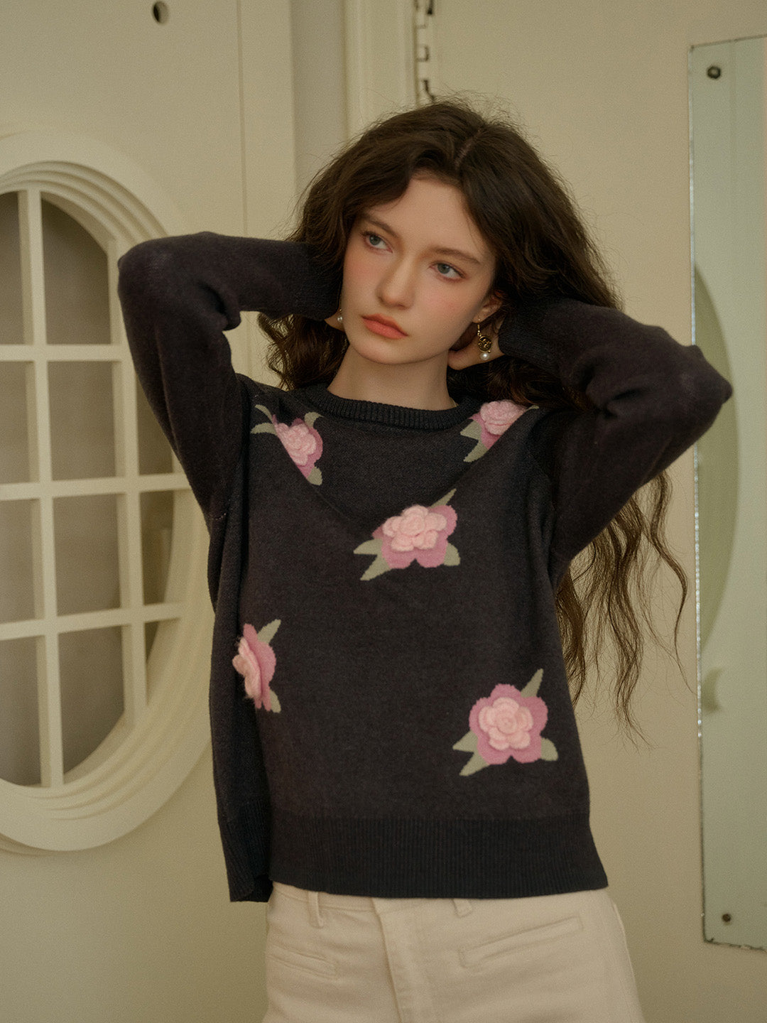 【Final Sale】Sarahi Embroidery Round Neck Hollow 3D Flower Knitted Wool Sweater