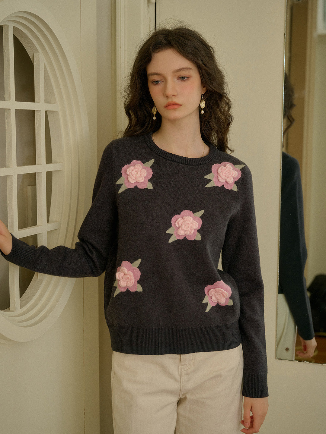 【Final Sale】Sarahi Embroidery Round Neck Hollow 3D Flower Knitted Wool Sweater