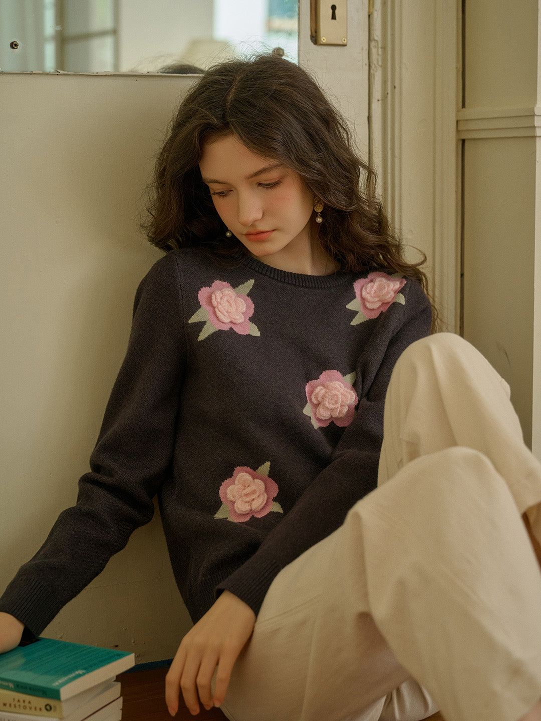 【Final Sale】Sarahi Embroidery Round Neck Hollow 3D Flower Knitted Wool Sweater
