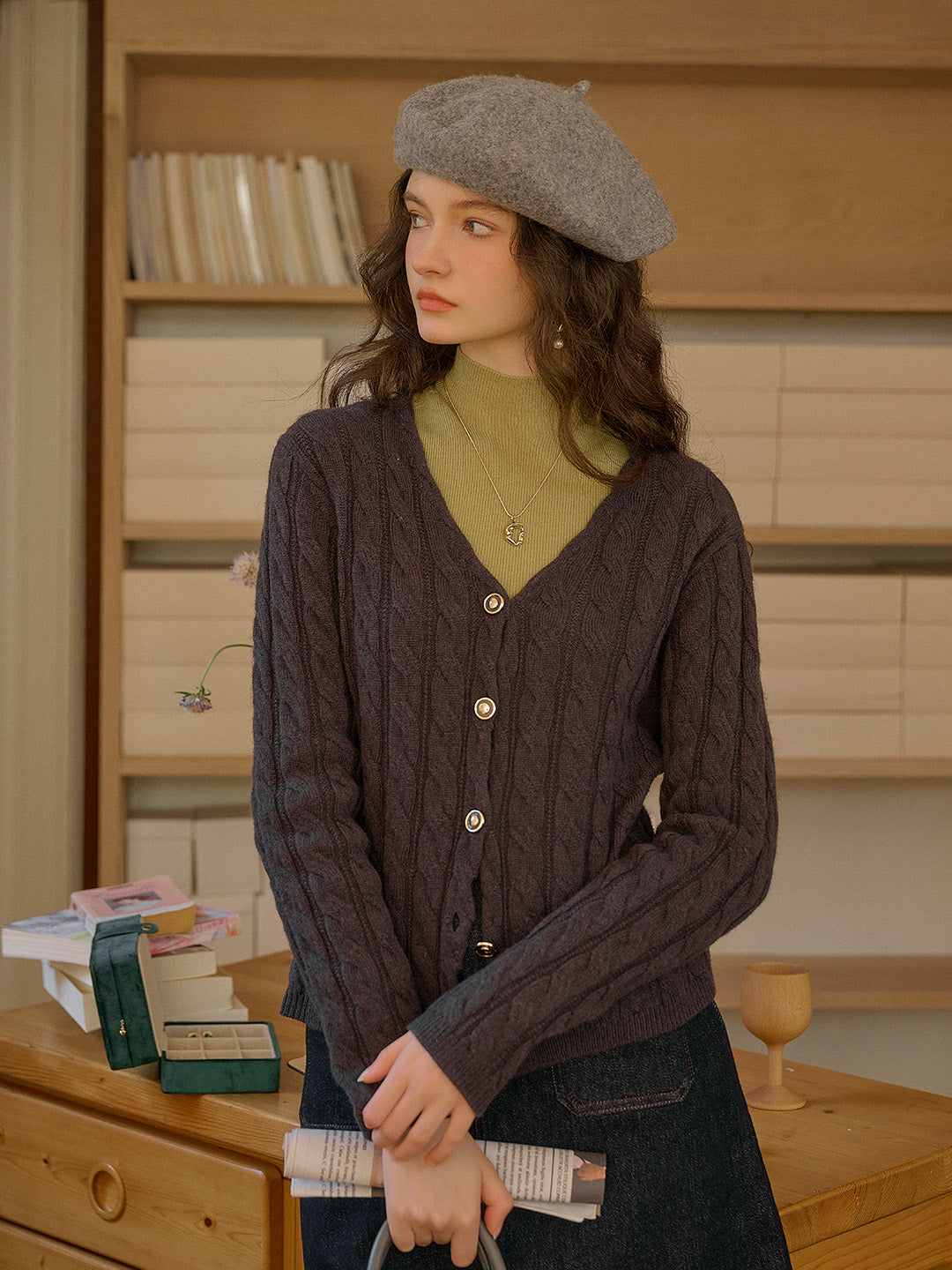Aviana Versatile V-Neck 100% Wool Retro Cable-Knit Texture Sweater Cardigan-