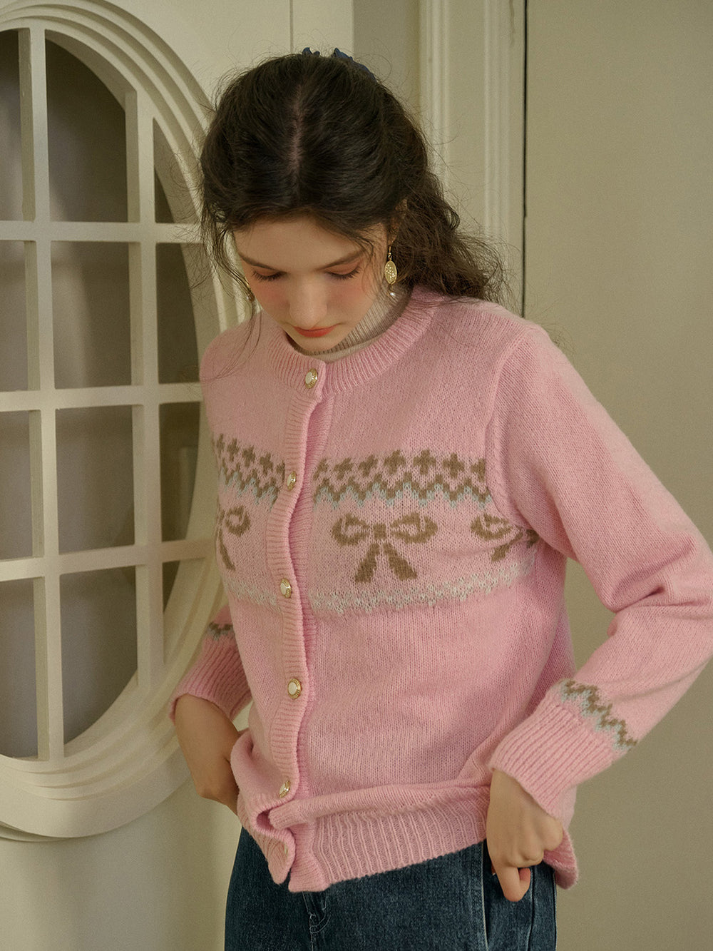Cutout Bow Back Texture Round Neck Sweater