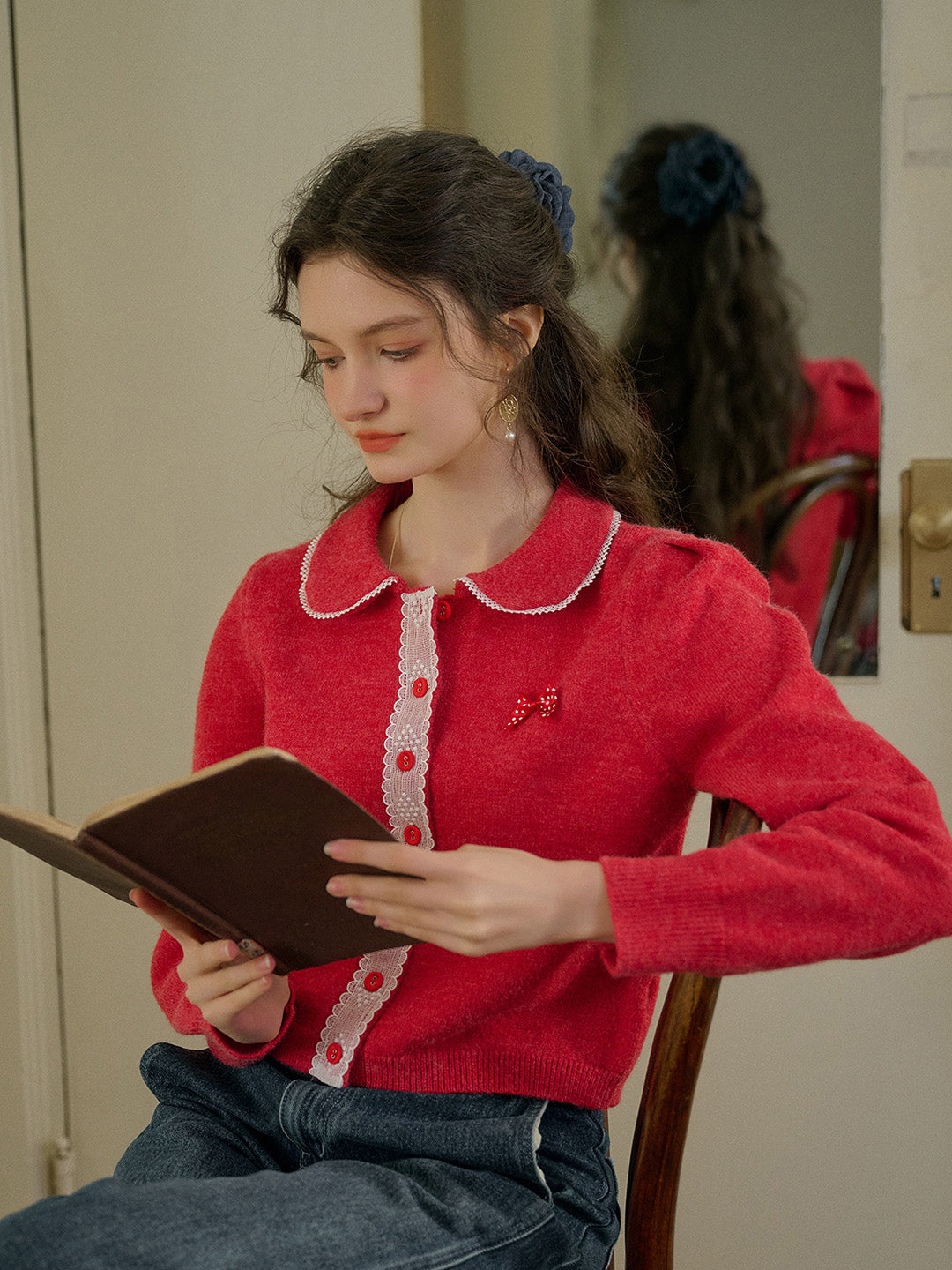 【Final Sale】Laylah Doll Neck Collision Lace Sweater Cardigan