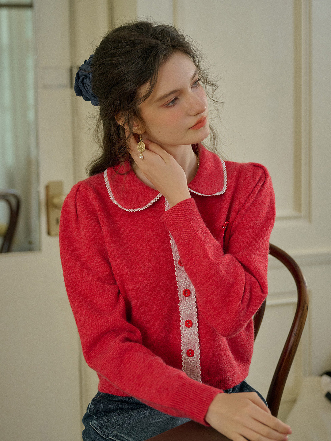 【Final Sale】Laylah Doll Neck Collision Lace Sweater Cardigan