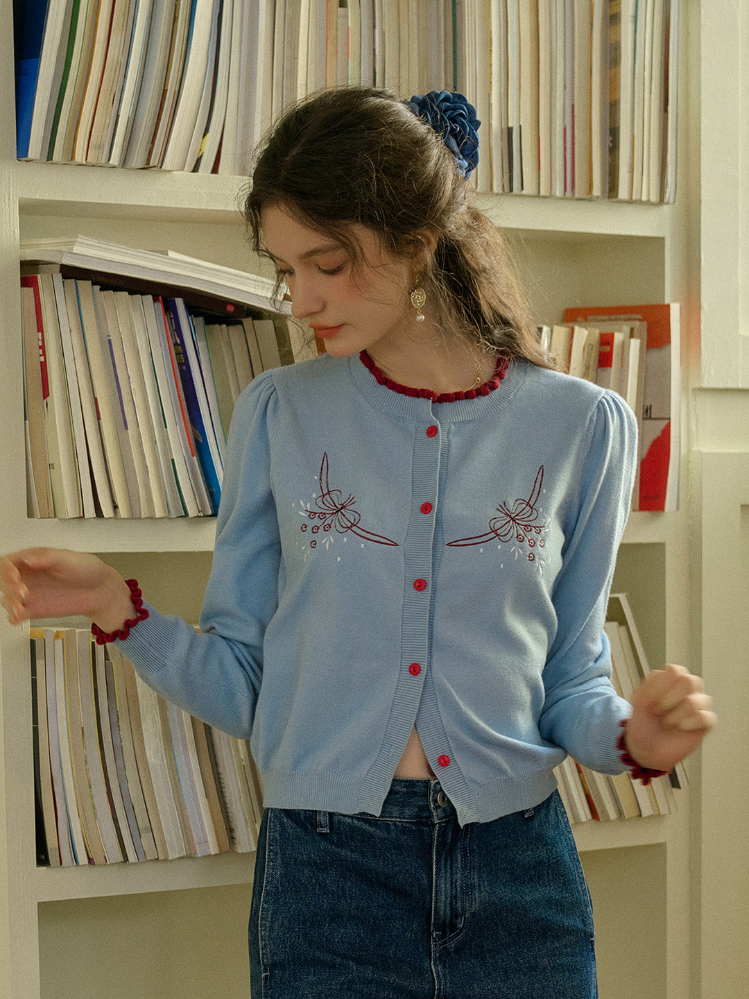 【Final Sale】Soleil Standing Collar Embroidered Colour Clash Sweater Cardigan