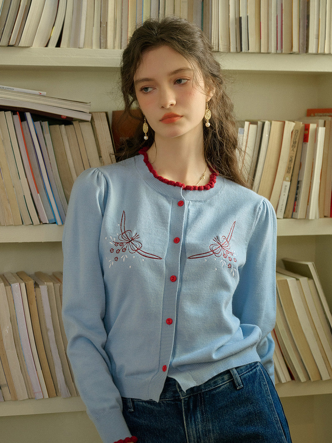 【Final Sale】Soleil Standing Collar Embroidered Colour Clash Sweater Cardigan