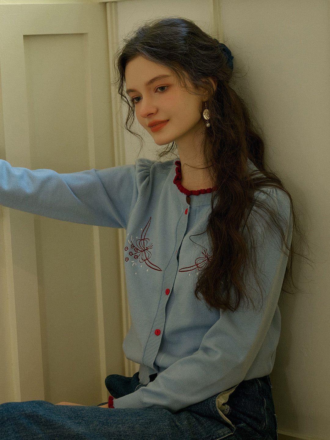 【Final Sale】Soleil Standing Collar Embroidered Colour Clash Sweater Cardigan