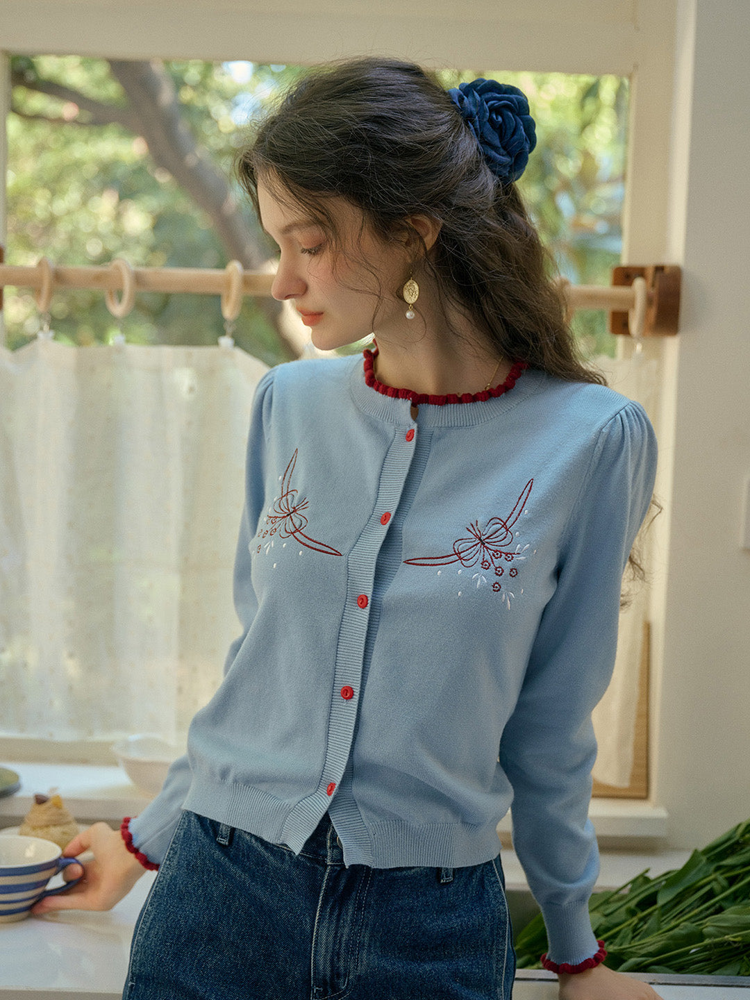 【Final Sale】Soleil Standing Collar Embroidered Colour Clash Sweater Cardigan