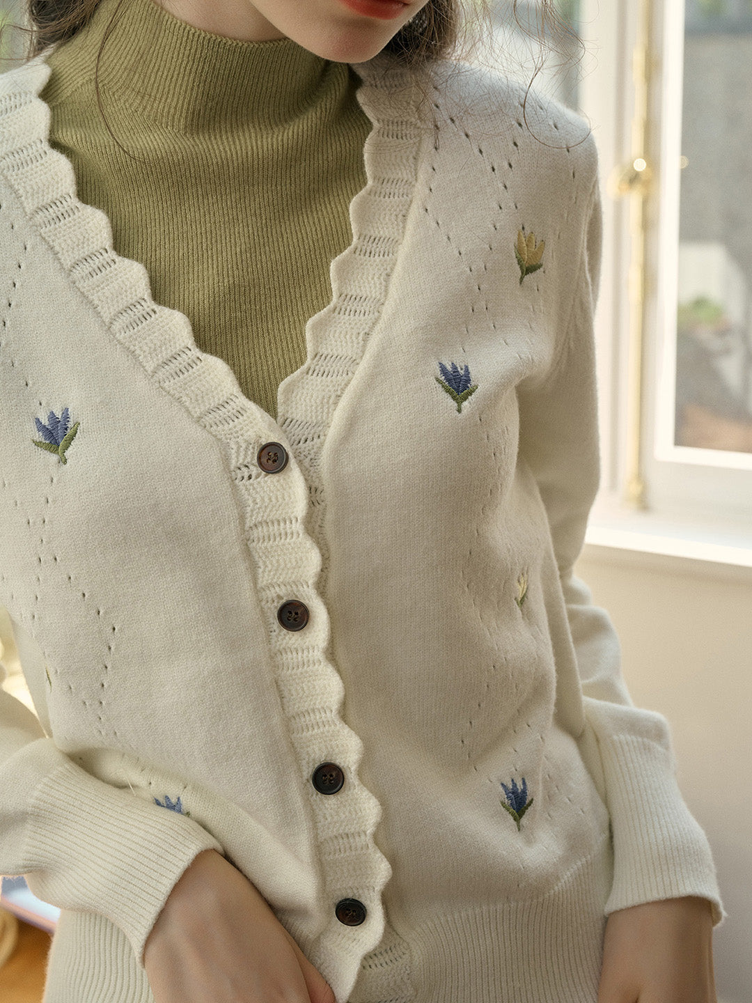 【 Final Sale】Vivian V-Neck Contrasting Embroidery Cardigan