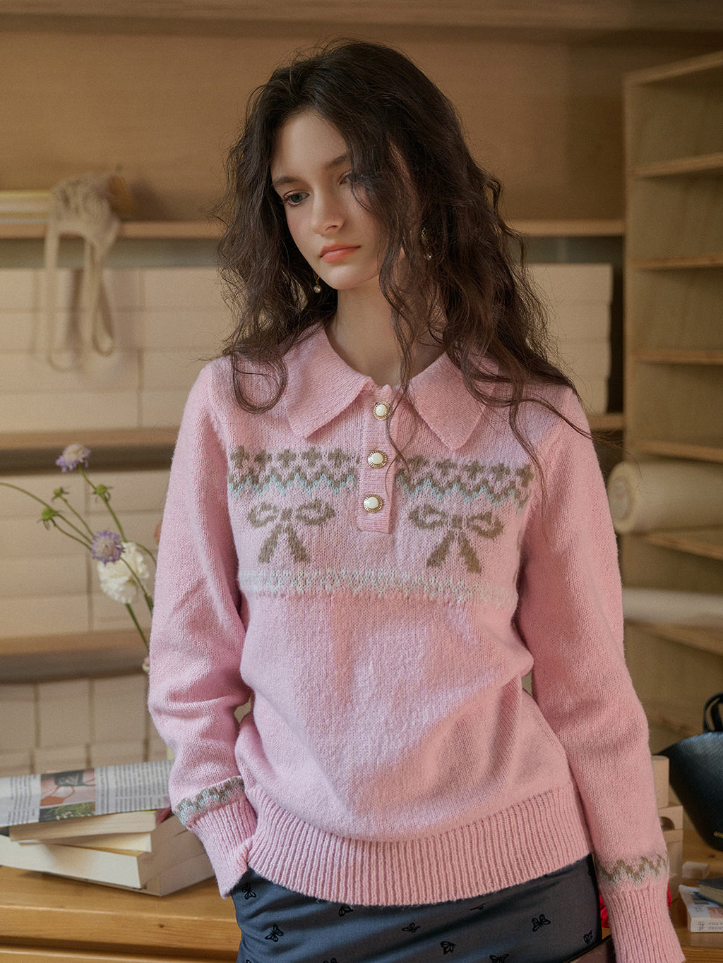 【Final Sale】Paloma Polo Collar Printed Crossing Bowknot Pullover Sweater