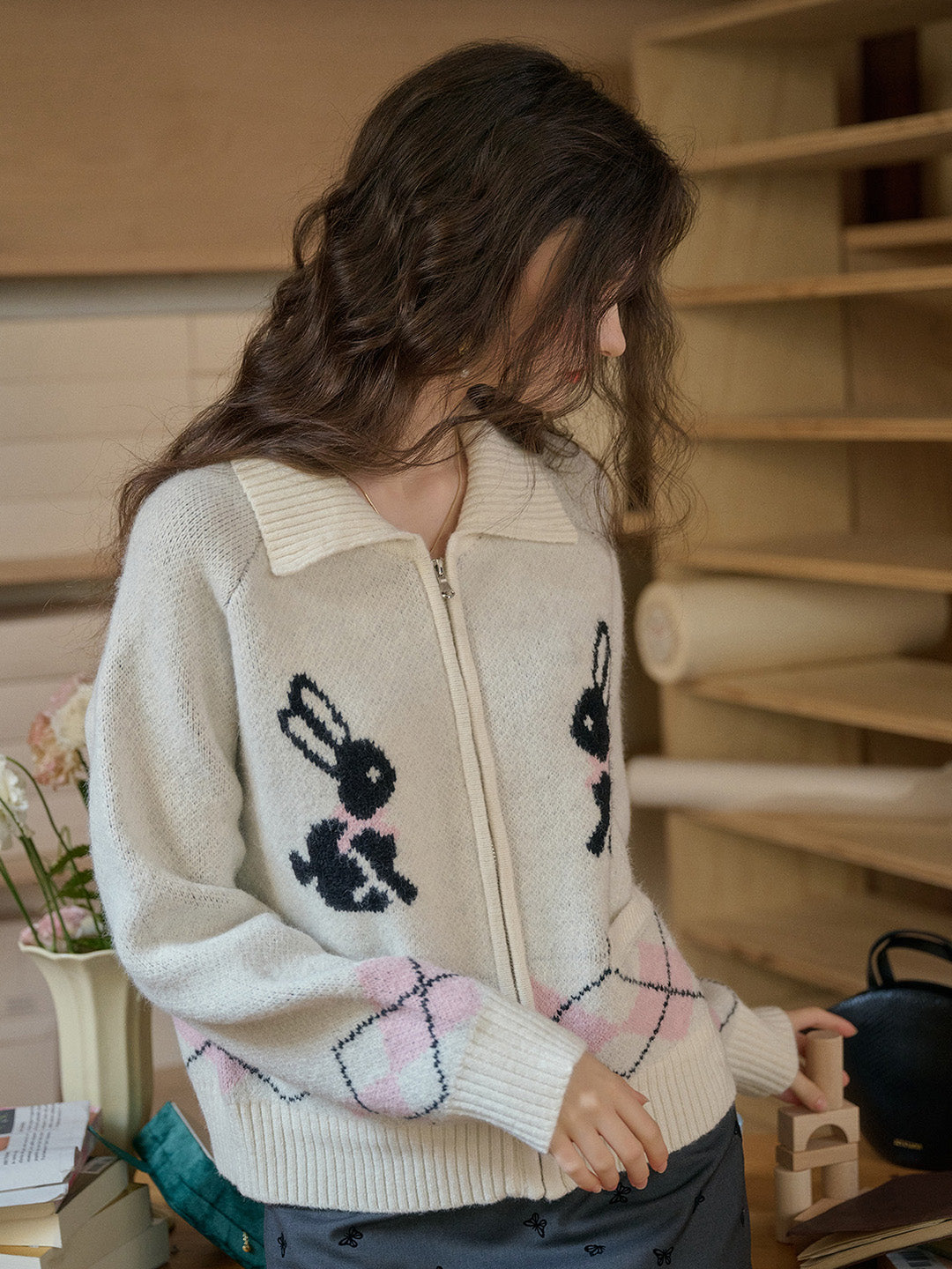 【Final Sale】Layne Lapel Clashing Rabbit Embroidery Zip Cardigan