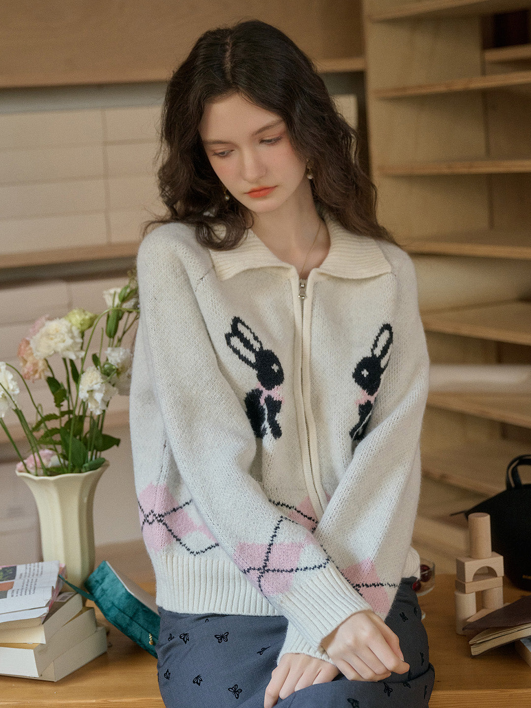 【Final Sale】Layne Lapel Clashing Rabbit Embroidery Zip Cardigan