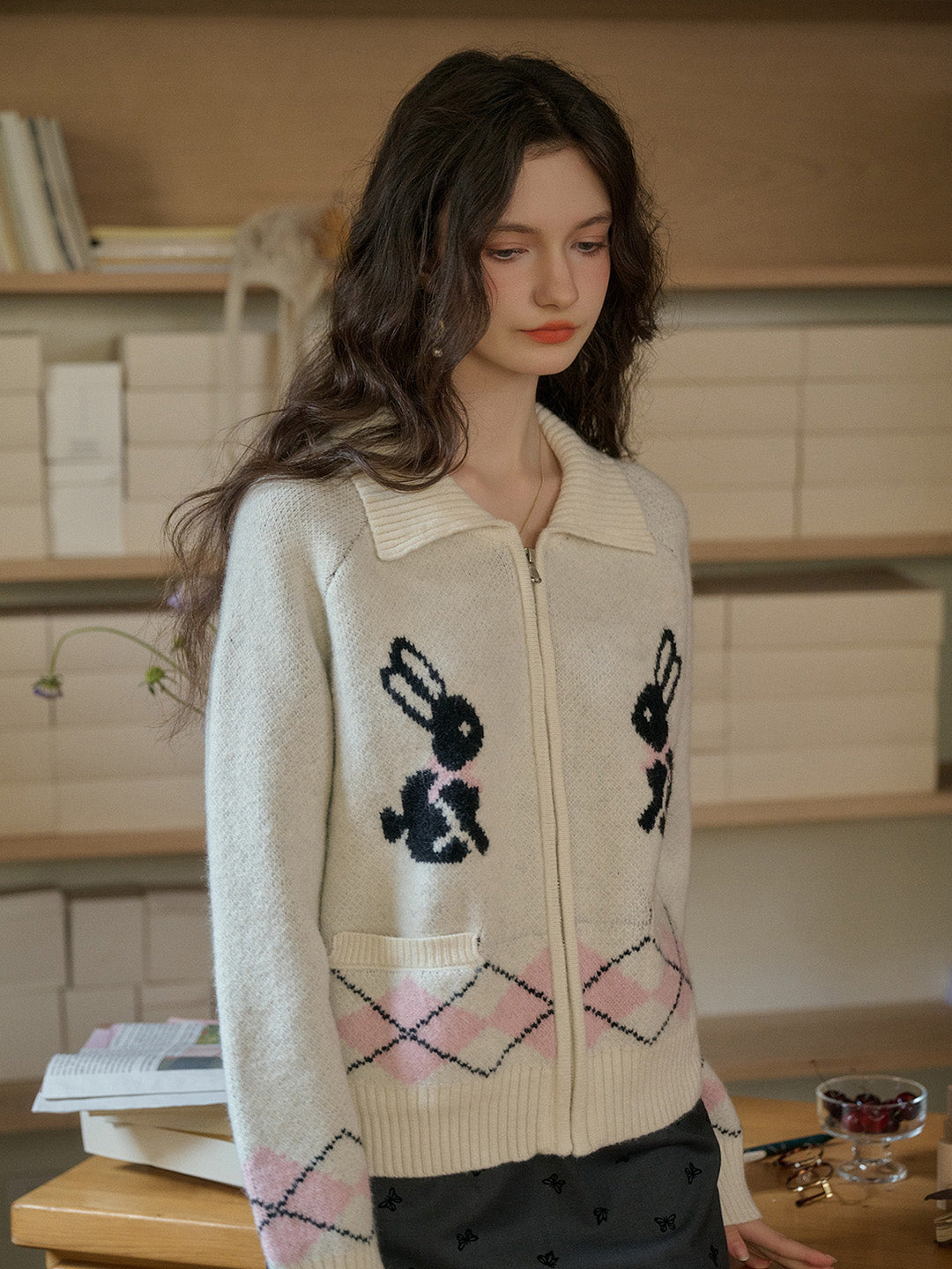 【Final Sale】Layne Lapel Clashing Rabbit Embroidery Zip Cardigan