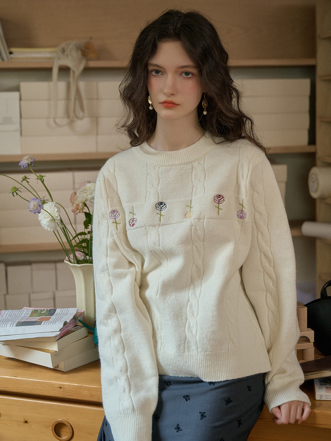 【Final Sale】Rebecca Round Neck Ribbed Rose Wool Sweater